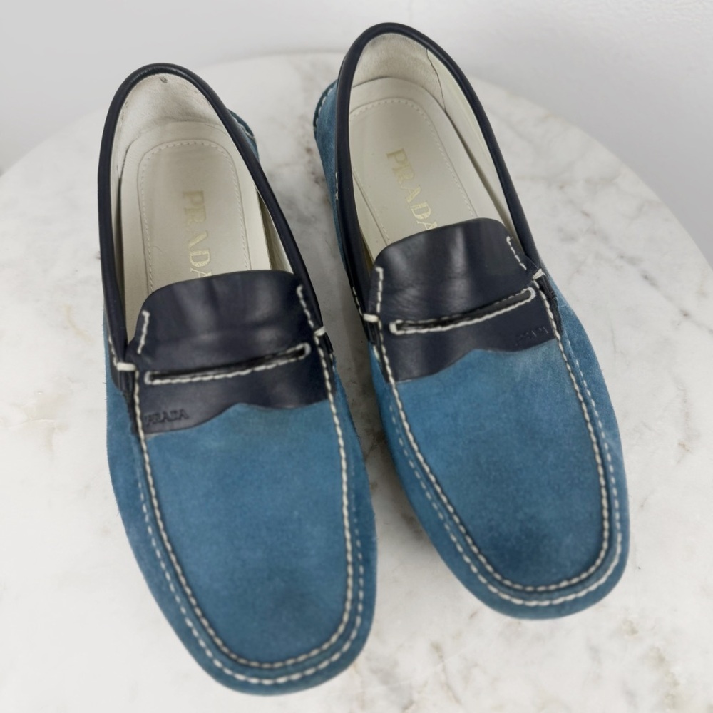 PRADA Men's Blue Loafers Leather Suede Moccasin Driving Loafers Shoes Size 8